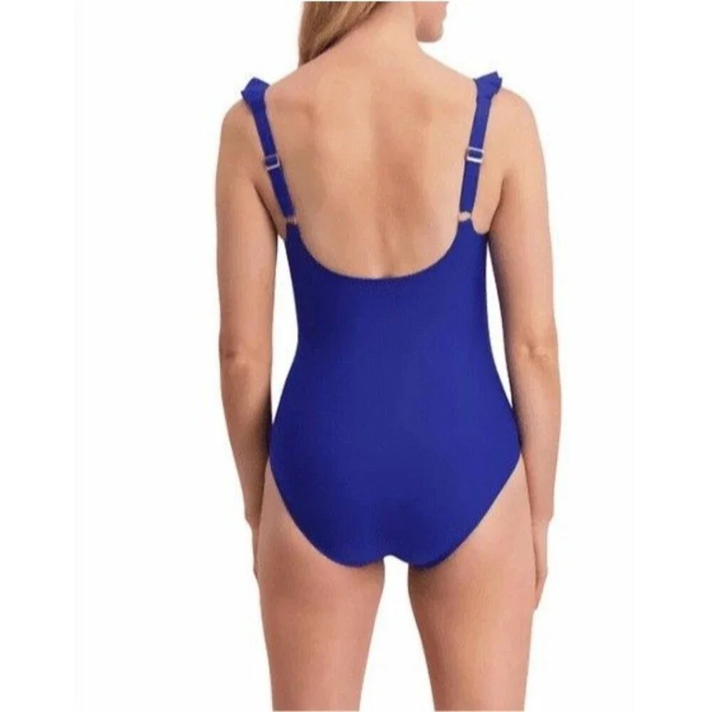 DKNY Ruffle Plunge Underwire Tummy Control One Piece Swimsuit Blue XL NWT - Picture 2 of 3